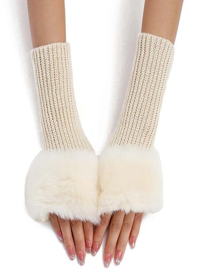 CABODYALS 2 Pairs White Furry Fingerless Gloves Soft Fluffy Thumb Hole Beige Knit Gloves Winter Knitted Crochet Arm Warmers Sleeves Faux Fur Knitting Wrist Hand Mittens Short Cuff for Women Driving - Image 1